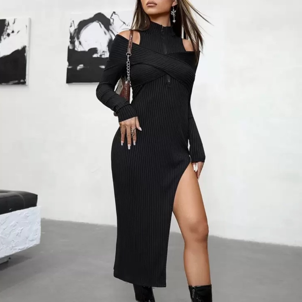 Cut Out Split Thigh Black Dress